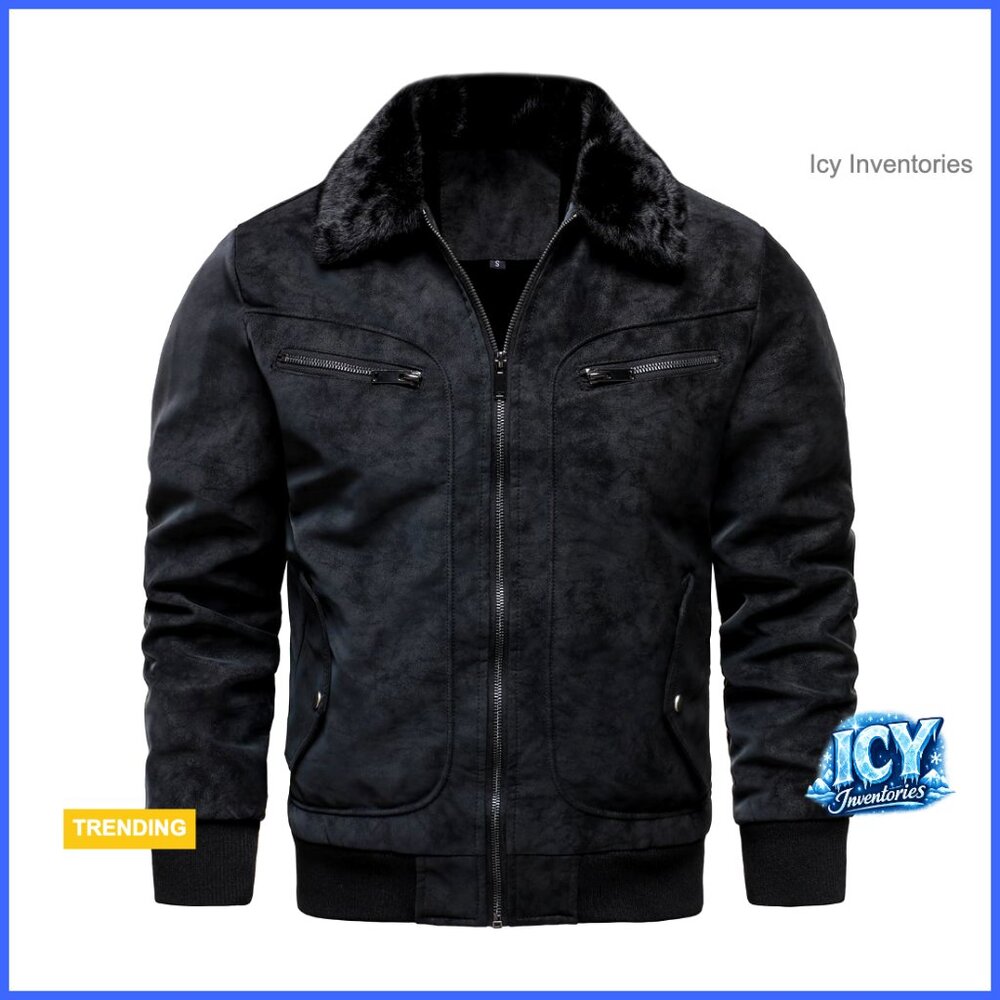 Faux PU Leather Bomber Jacket with Faux Fur Lining Fleece Lined